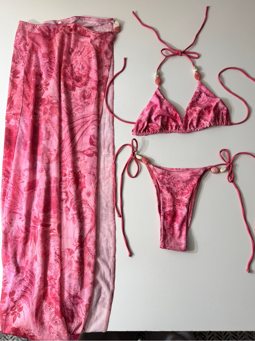 PEPPERMAYO Pink Floral Tie-String Bikini Set with Sarong
